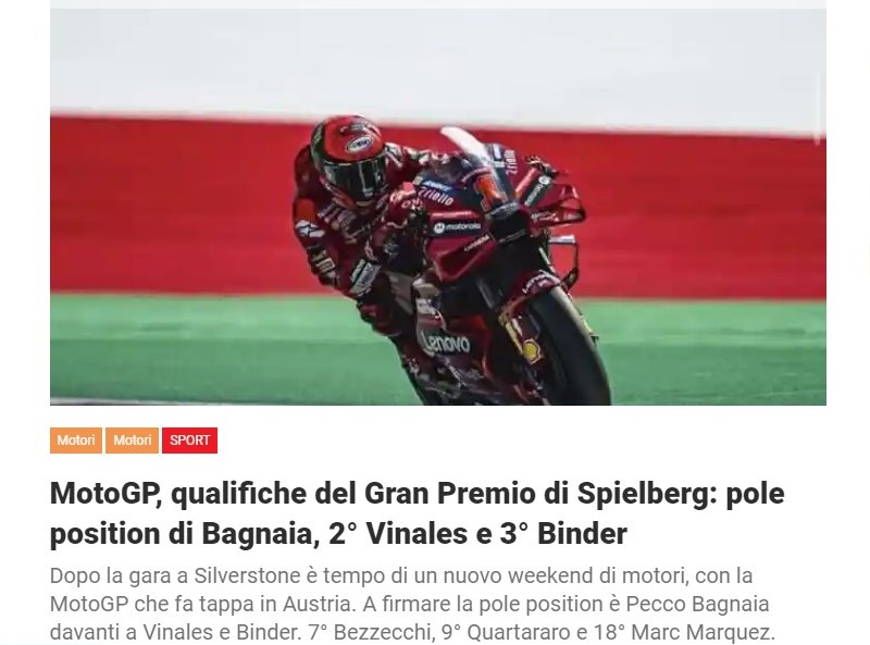 MotoGP, qualifiche del Gran Premio di Spielberg: pole position di Bagnaia, 2° Vinales e 3° Binder