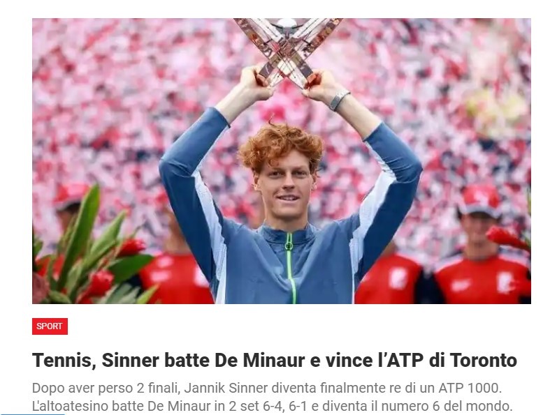 Tennis, Sinner batte De Minaur e vince l’ATP di Toronto