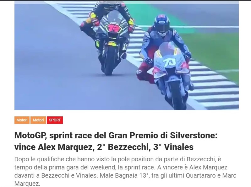 MotoGP, sprint race del Gran Premio di Silverstone: vince Alex Marquez, 2° Bezzecchi, 3° Vinales