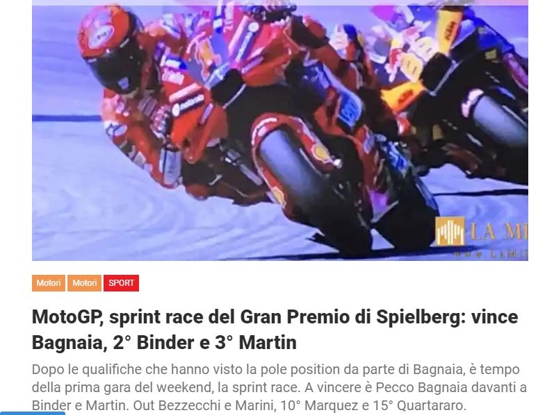 MotoGP, sprint race del Gran Premio di Spielberg: vince Bagnaia, 2° Binder e 3° Martin
