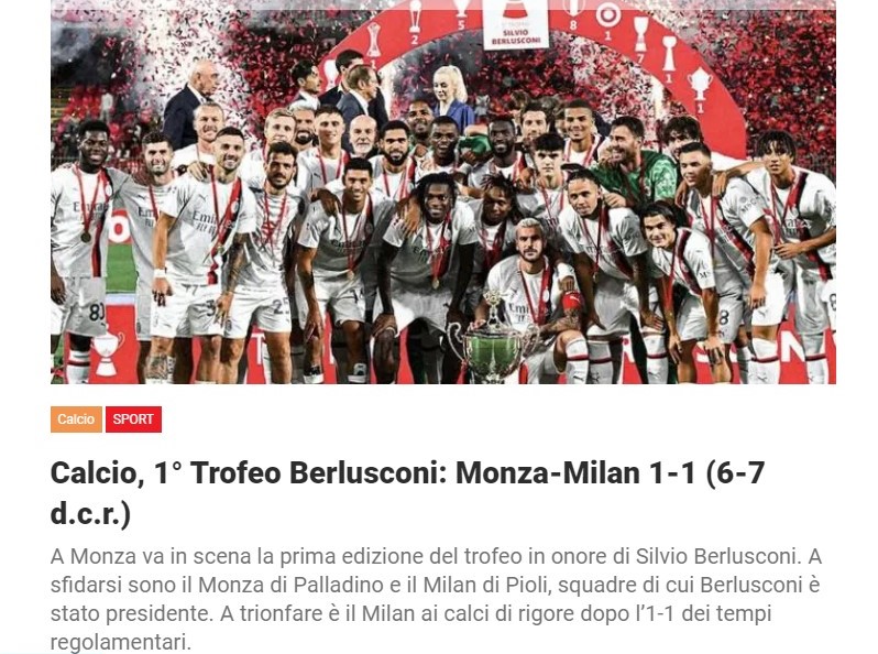 Calcio, 1° Trofeo Berlusconi: Monza-Milan 1-1 (6-7 d.c.r.)