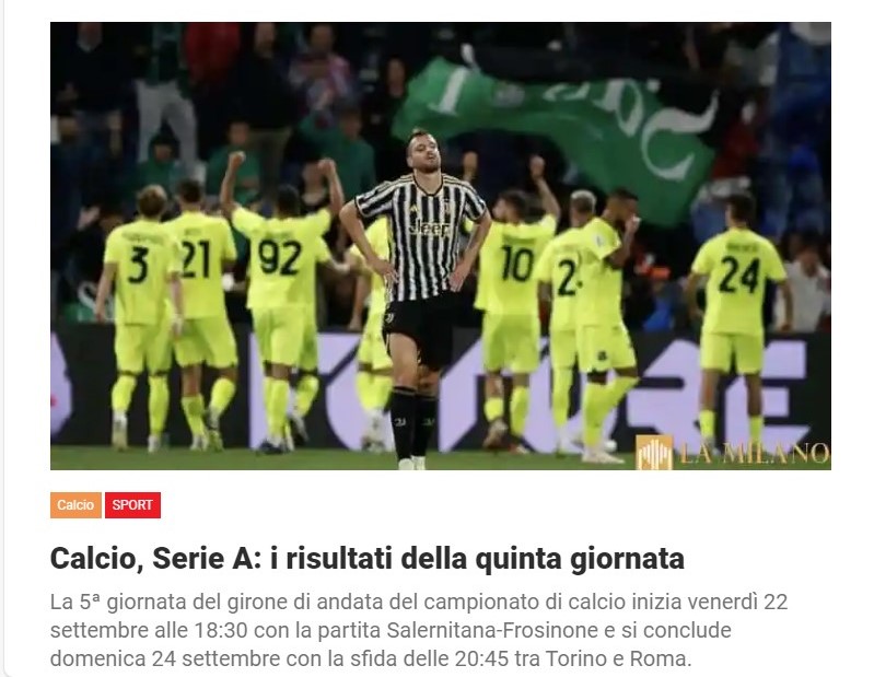 Calcio, Serie A: i risultati della quinta giornata