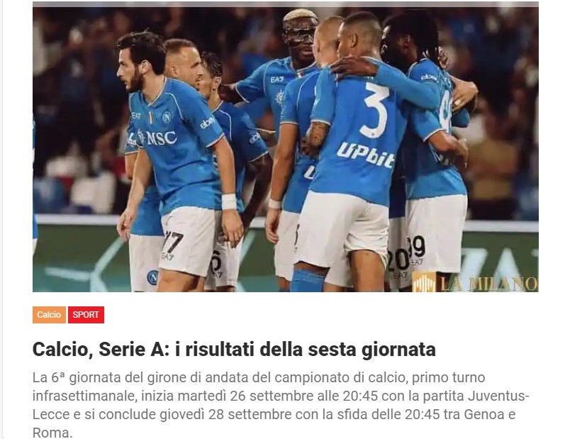 Calcio, Serie A: i risultati della sesta giornata