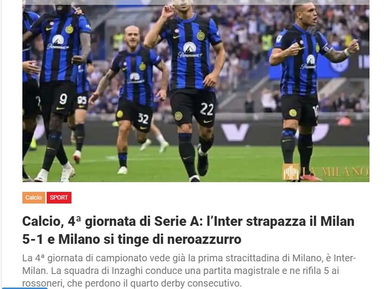Calcio, 4ª giornata di Serie A: l’Inter strapazza il Milan 5-1 e Milano si tinge di neroazzurro