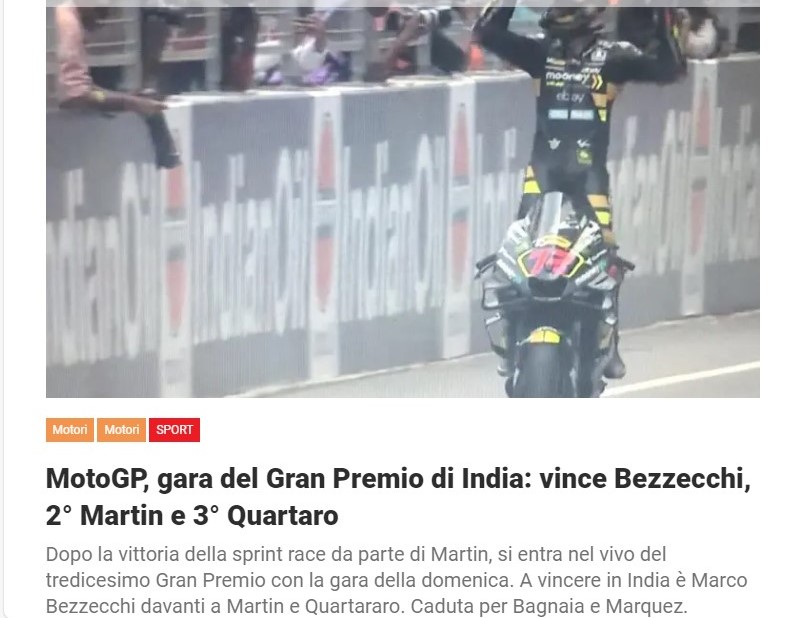 MotoGP, gara del Gran Premio di India: vince Bezzecchi, 2° Martin e 3° Quartaro