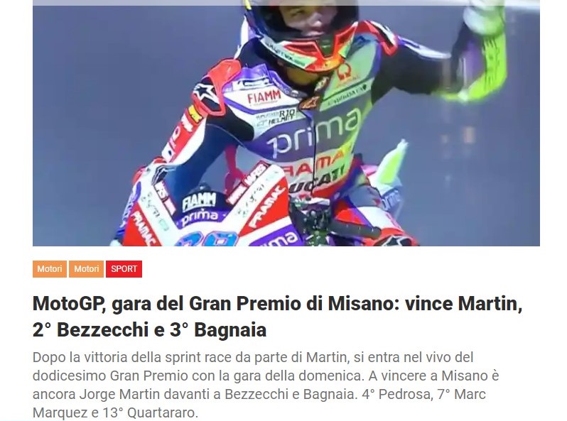 MotoGP, gara del Gran Premio di Misano: vince Martin, 2° Bezzecchi e 3° Bagnaia