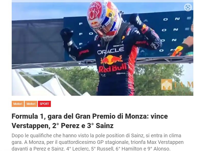 Formula 1, gara del Gran Premio di Monza: vince Verstappen, 2° Perez e 3° Sainz