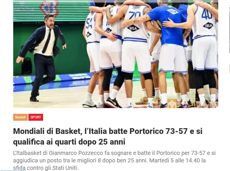 Mondiali di Basket, l’Italia batte Portorico 73-57 e si qualifica ai quarti dopo 25 anni