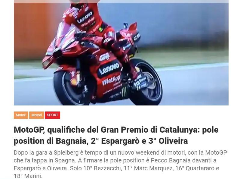 MotoGP, qualifiche del Gran Premio di Catalunya: pole position di Bagnaia, 2° Espargarò e 3° Oliveira