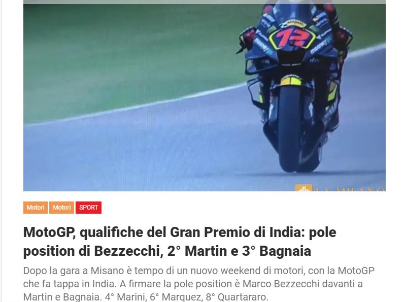 MotoGP, qualifiche del Gran Premio di India: pole position di Bezzecchi, 2° Martin e 3° Bagnaia