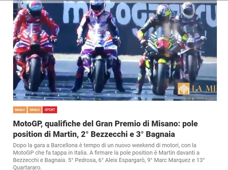 MotoGP, qualifiche del Gran Premio di Misano: pole position di Martin, 2° Bezzecchi e 3° Bagnaia