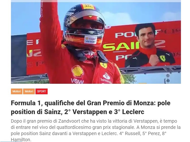 Formula 1, qualifiche del Gran Premio di Monza: pole position di Sainz, 2° Verstappen e 3° Leclerc