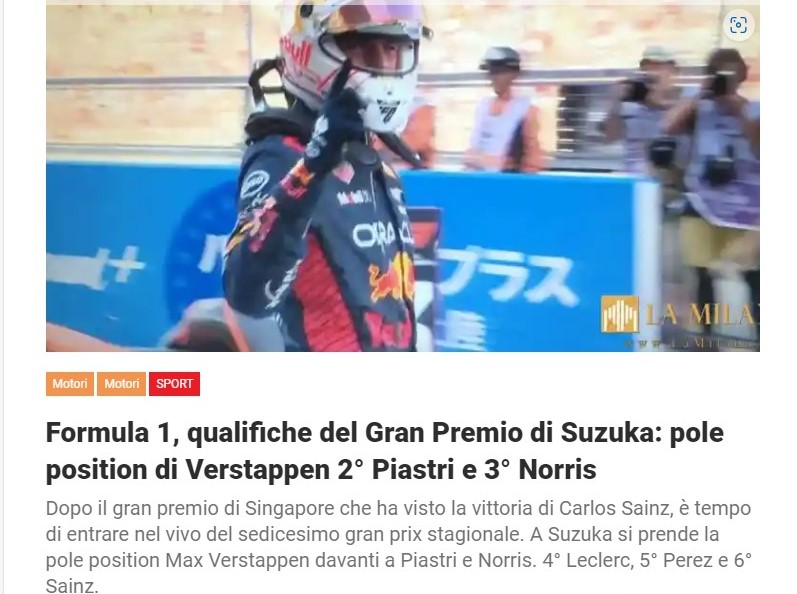 Formula 1, qualifiche del Gran Premio di Suzuka: pole position di Verstappen 2° Piastri e 3° Norris