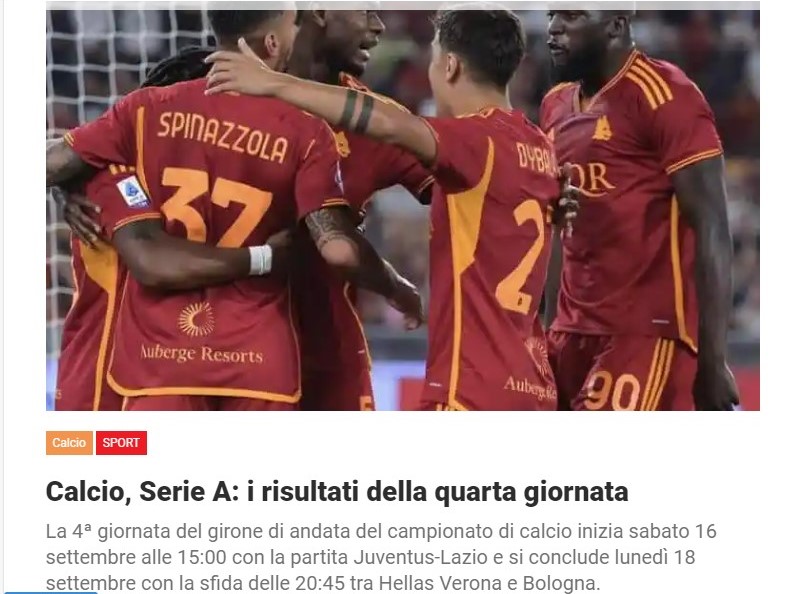 Calcio, Serie A: i risultati della quarta giornata