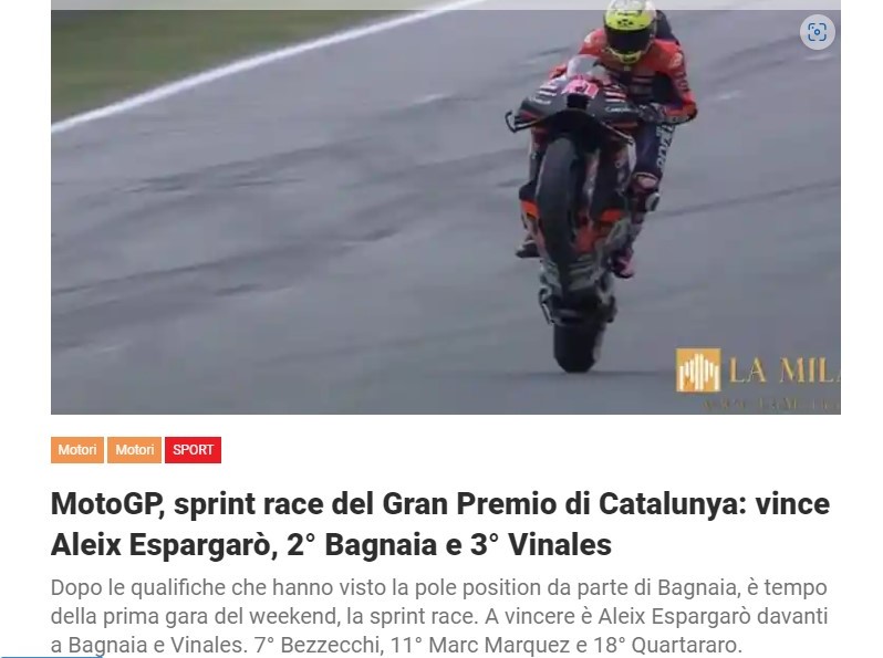 MotoGP, sprint race del Gran Premio di Catalunya: vince Aleix Espargarò, 2° Bagnaia e 3° Vinales