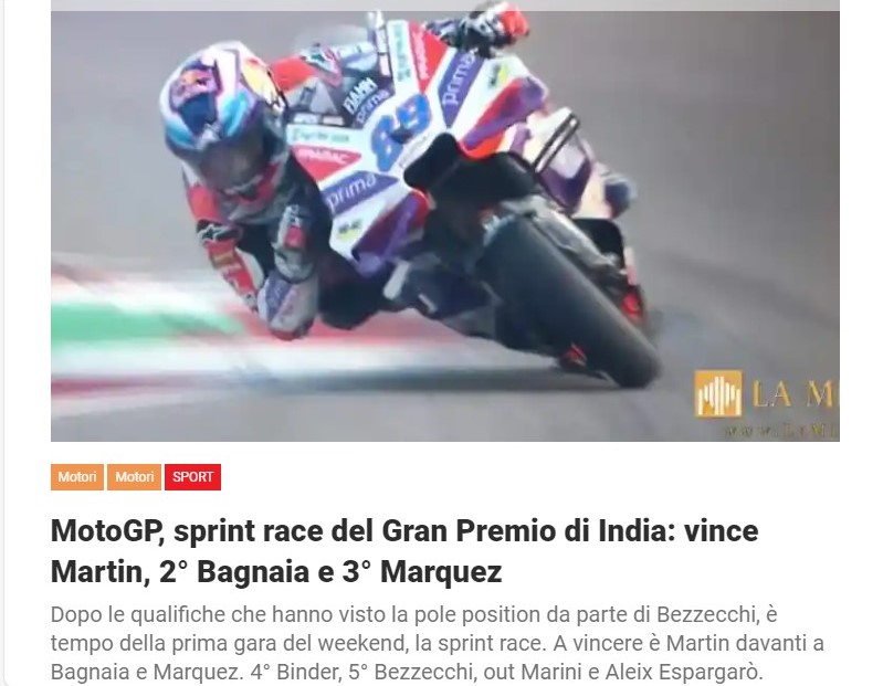 MotoGP, sprint race del Gran Premio di India: vince Martin, 2° Bagnaia e 3° Marquez