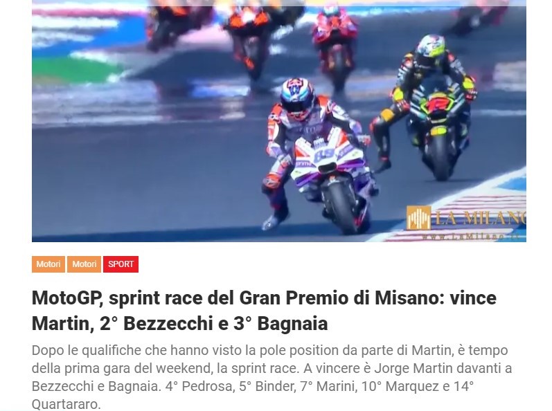 MotoGP, sprint race del Gran Premio di Misano: vince Martin, 2° Bezzecchi e 3° Bagnaia