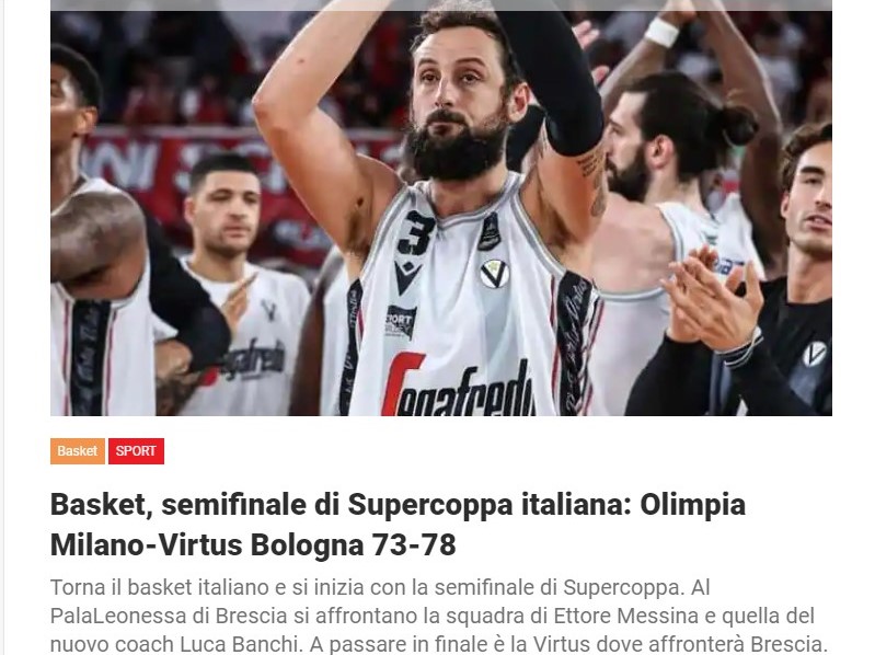 Basket, semifinale di Supercoppa italiana: Olimpia Milano-Virtus Bologna 73-78