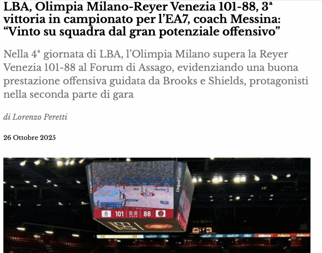 Basket LBA, Olimpia Milano-Reyer Venezia 101-88, coach Messina: “Vinto contro squadra dal gran potenziale offensivo"