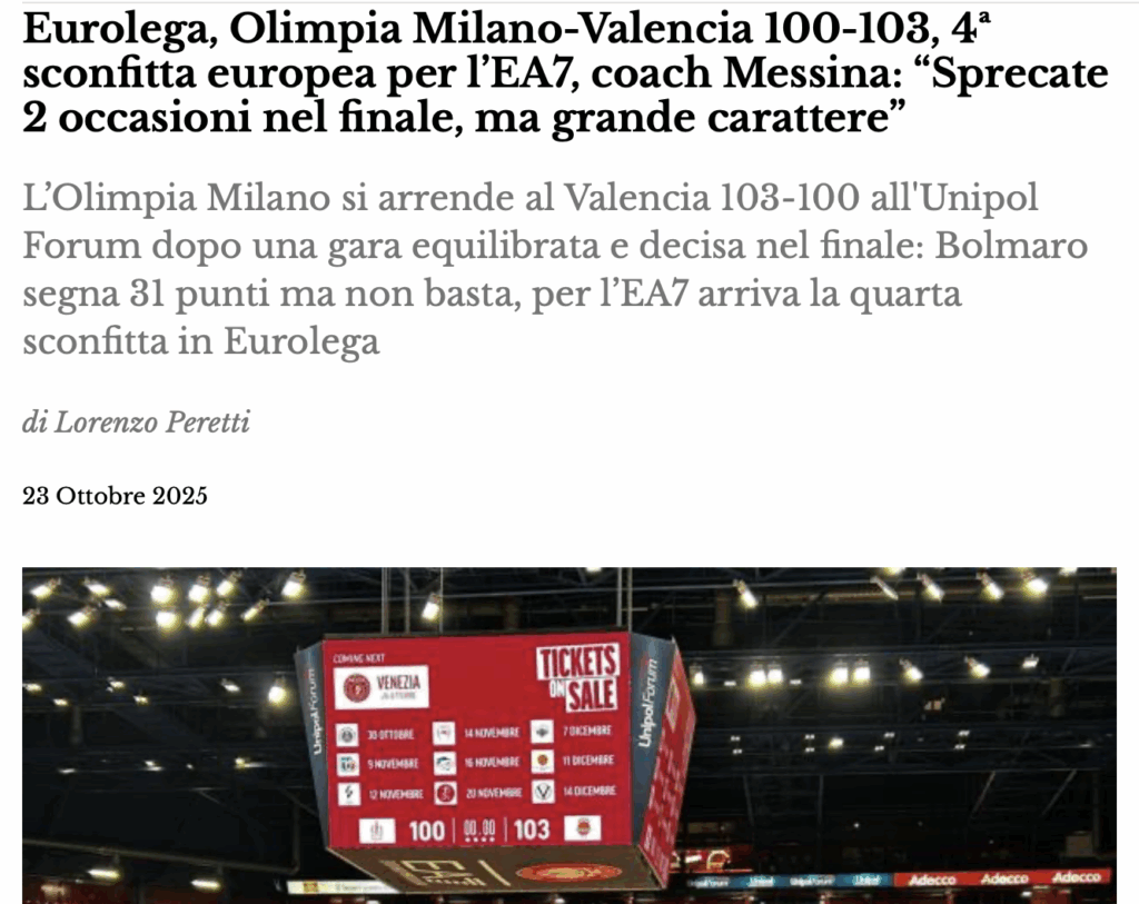 Eurolega, Olimpia Milano-Valencia 100-103, 4ª sconfitta europea per l’EA7, coach Messina: “Grande carattere”