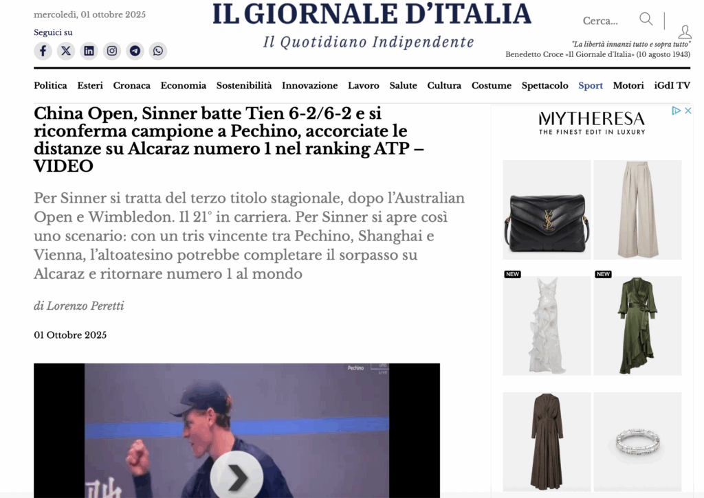 Tennis, Sinner batte Tien 6-2/6-2 e si conferma campione di Pechino al China Open