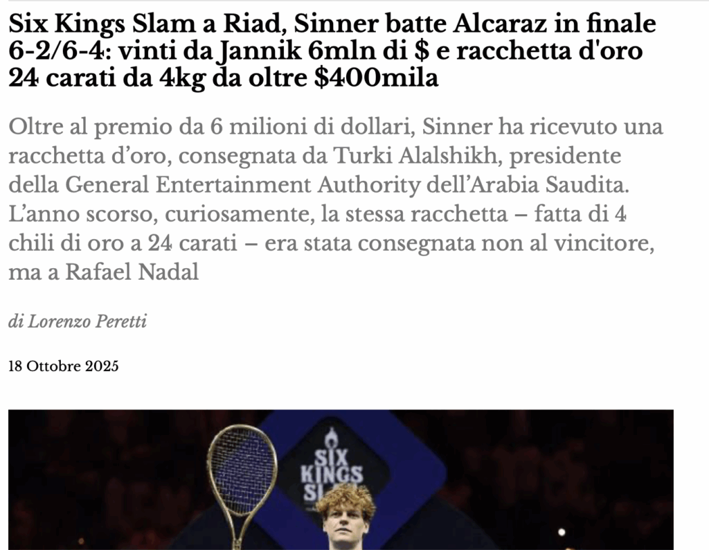 Tennis, Sinner batte Alcaraz 6-2/6-4 al Six Kings Slam: vinti da Jannik 6mln di $ e racchetta d'oro 24 carati da 4kg da oltre $400mila