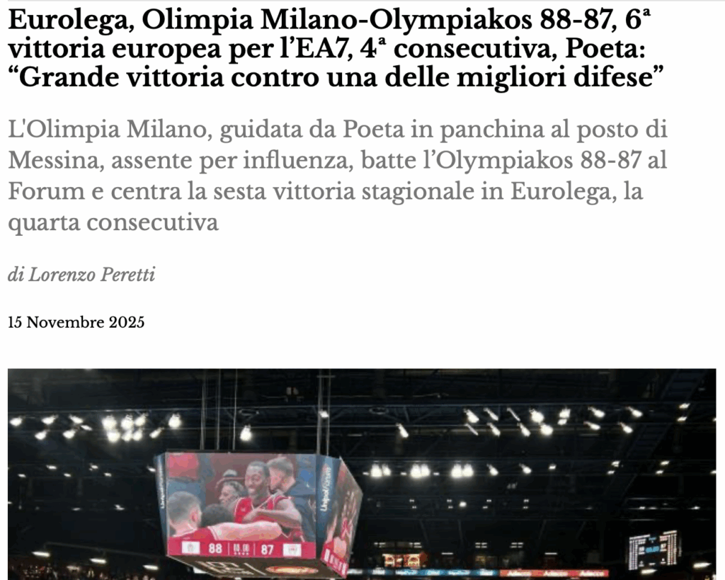 Eurolega, Olimpia Milano-Olympiakos 88-87, 6ª vittoria europea per l’EA7, 4ª consecutiva