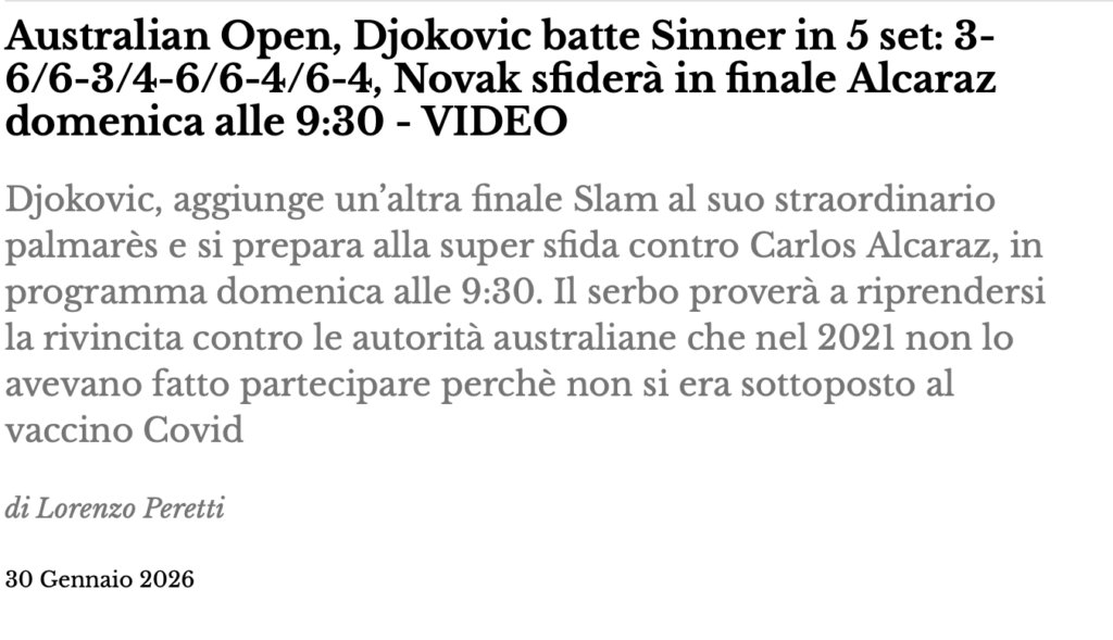 Australian Open, Djokovic batte Sinner in 5 set: 3-6/6-3/4-6/6-4/6-4, Novak sfiderà in finale Alcaraz