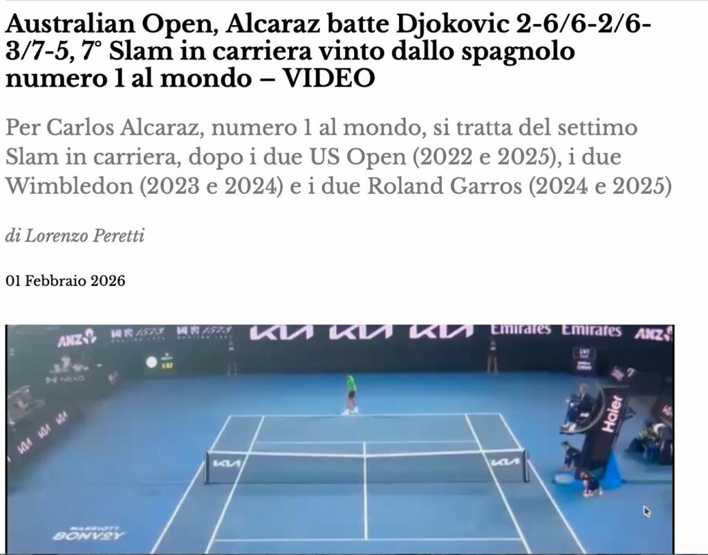 Australian Open, Alcaraz batte Djokovic 2-6/6-2/6-3/7-5, 7° Slam in carriera vinto dallo spagnolo numero 1 al mondo