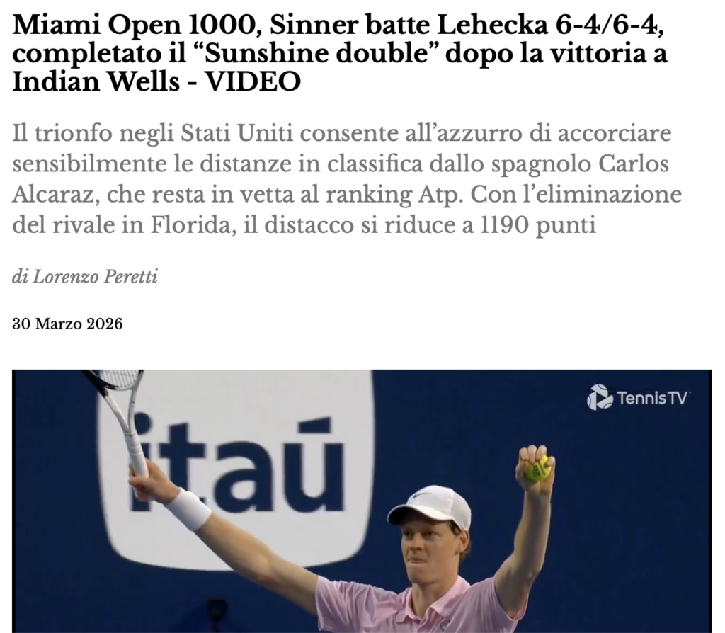 Miami Open 1000, Sinner batte Lehecka 6-4/6-4, completato il “Sunshine double” dopo la vittoria a Indian Wells