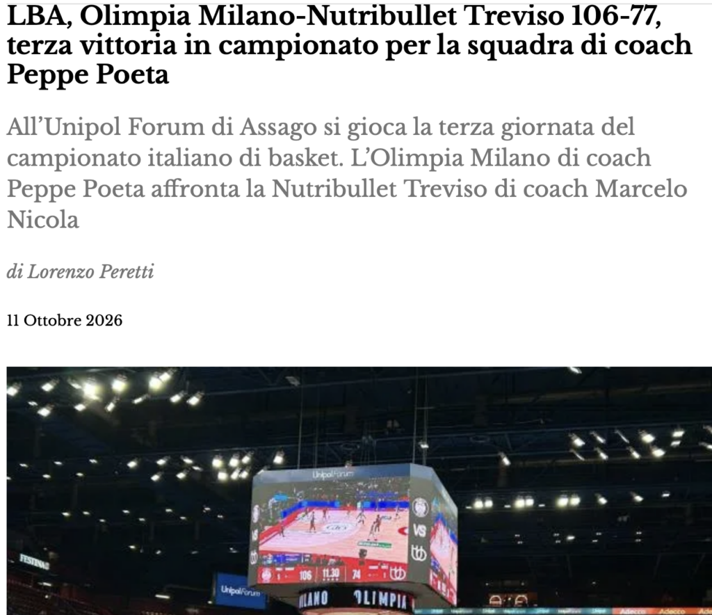 LBA, Olimpia Milano-Nutribullet Treviso 106-77, terza vittoria in campionato per la squadra di coach Poeta